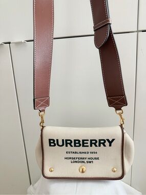 Burberry Cream Canvas Crossbody with Brown Leather Trim and Gold Hardware